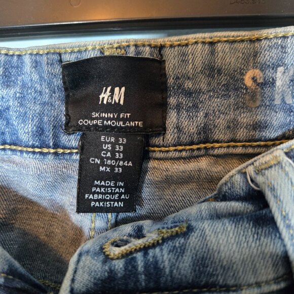H&M Biker Jeans Woman's Blue Denim Light Washed Distressed Skinny Fit 33 - Picture 5 of 8